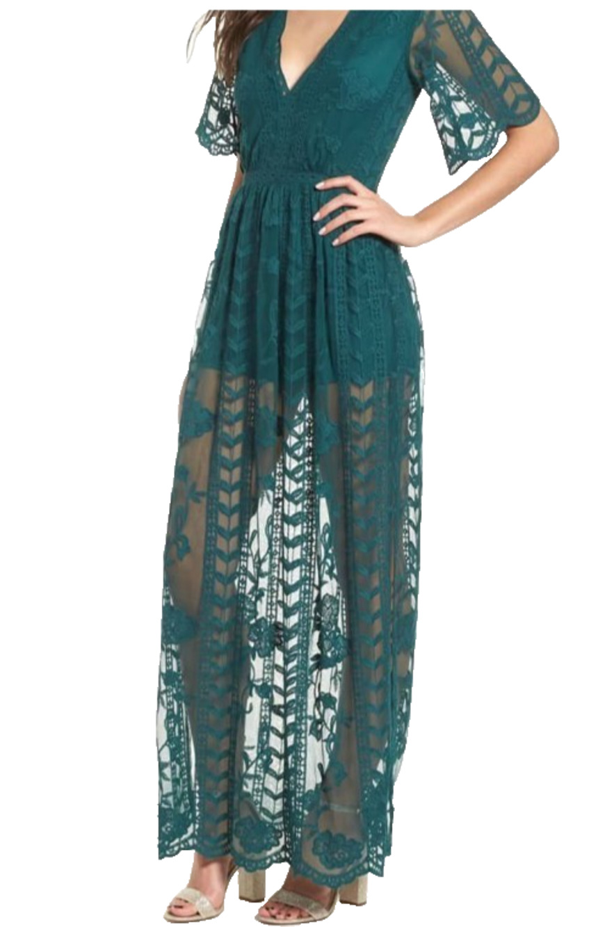 Socialite Green Lace Overlay Maxi Romper Women’s Small Semi Sheer Festival Party